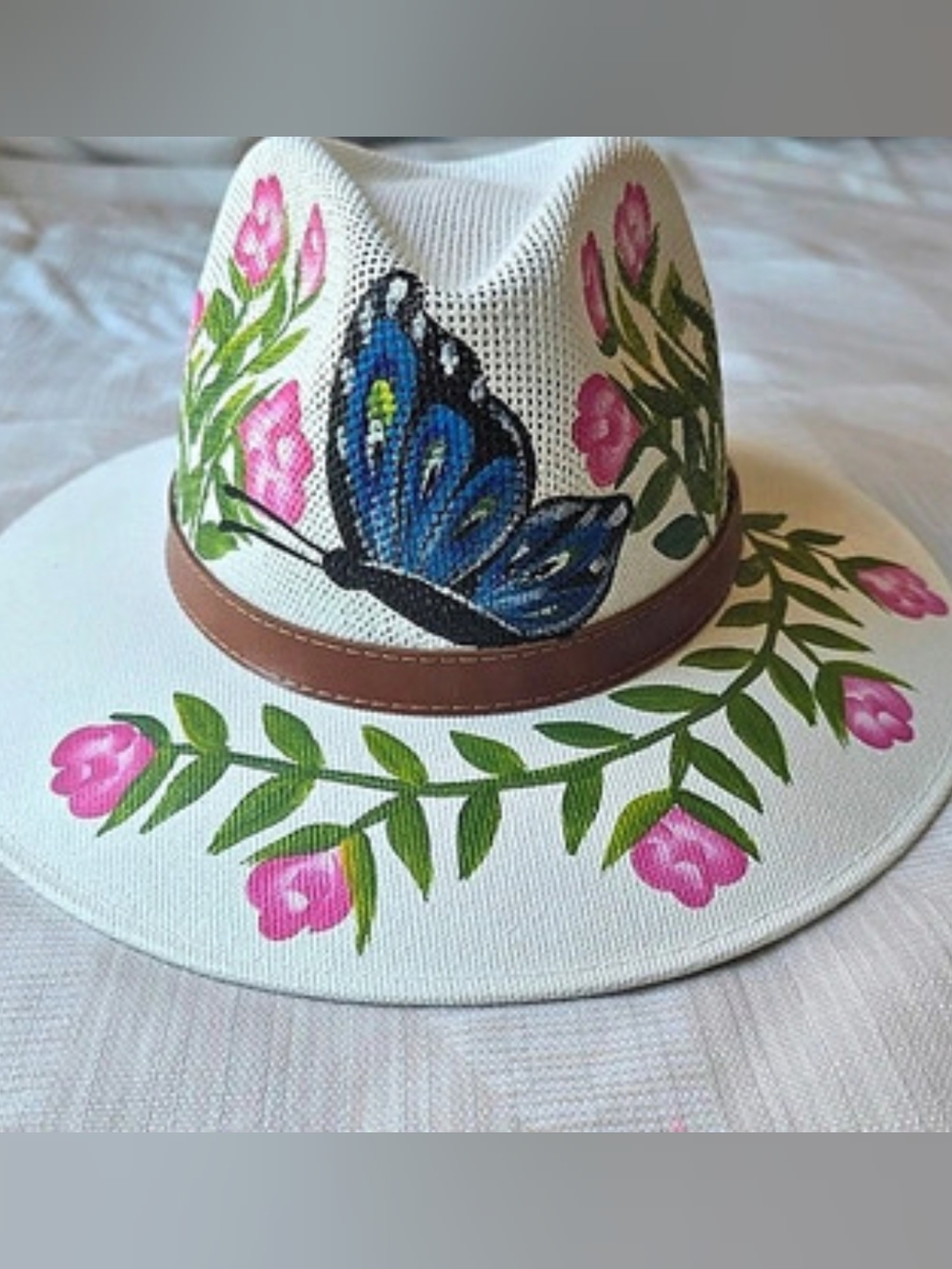 Hand Painted California Hats Floral Butterfly in White & Pink